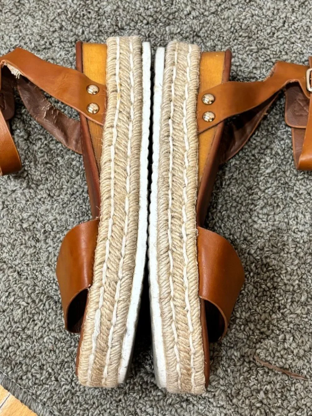 Woolworths Cognac Leather Ankle Strap Espadrille Platform Wedge Sandals